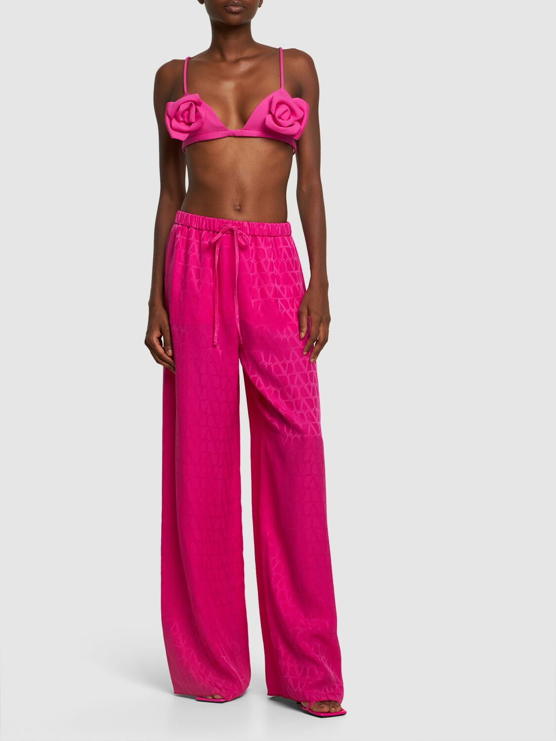 VALENTINO - Silk Satin Logo Jacquard Wide Pants Valentino