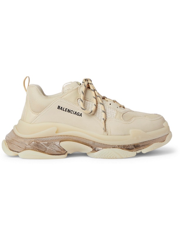 Photo: BALENCIAGA - Triple S Clear Sole Mesh, Nubuck and Leather Sneakers - Neutrals