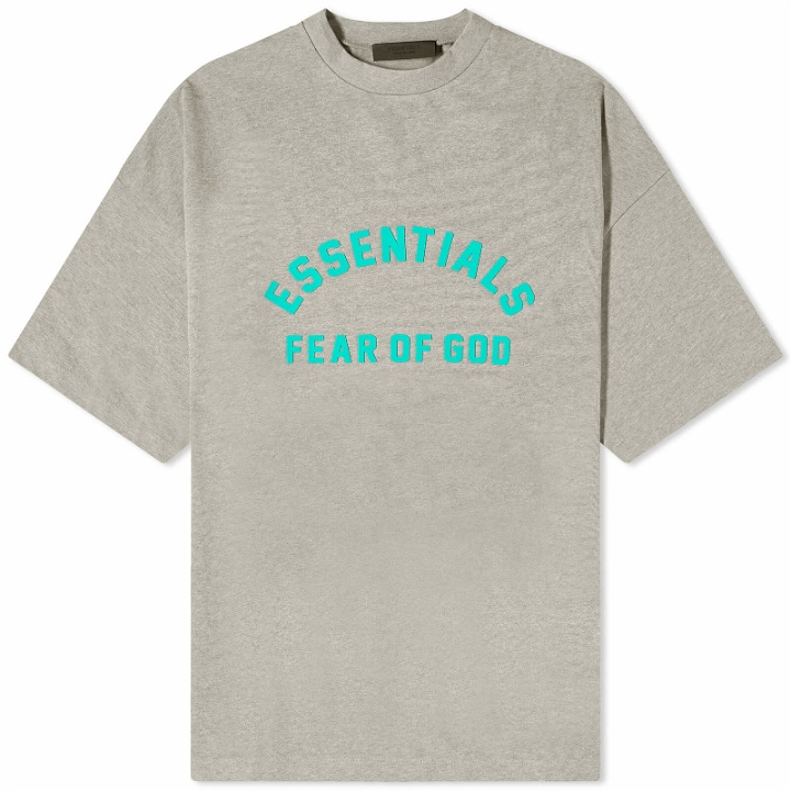 Photo: Fear of God ESSENTIALS Men's Spring Printed Logo T-Shirt in Dark Heather Oatmeal