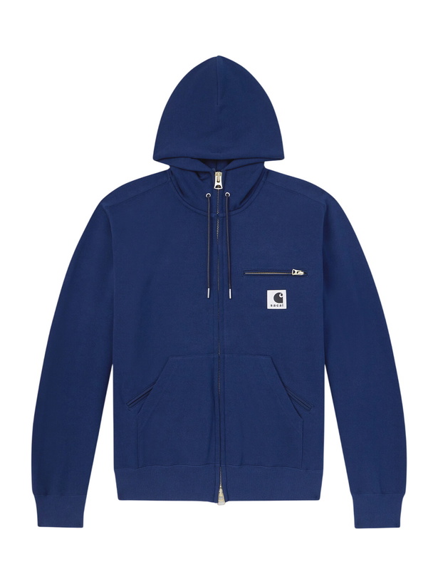 Photo: Sacai - Carhartt WIP Logo-Appliquéd Cotton-Jersey Zip-Up Hoodie - Blue