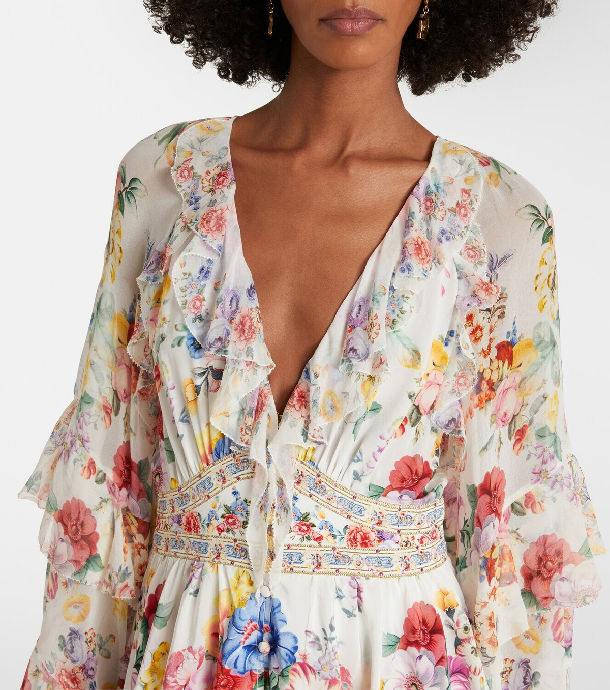 Camilla Embellished floral ruffled silk minidress