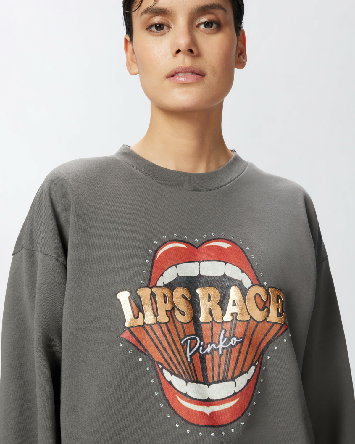Pinko Crew Neck Sweatshirt With Lips Race Mouth Print Grey Dark Seagull
