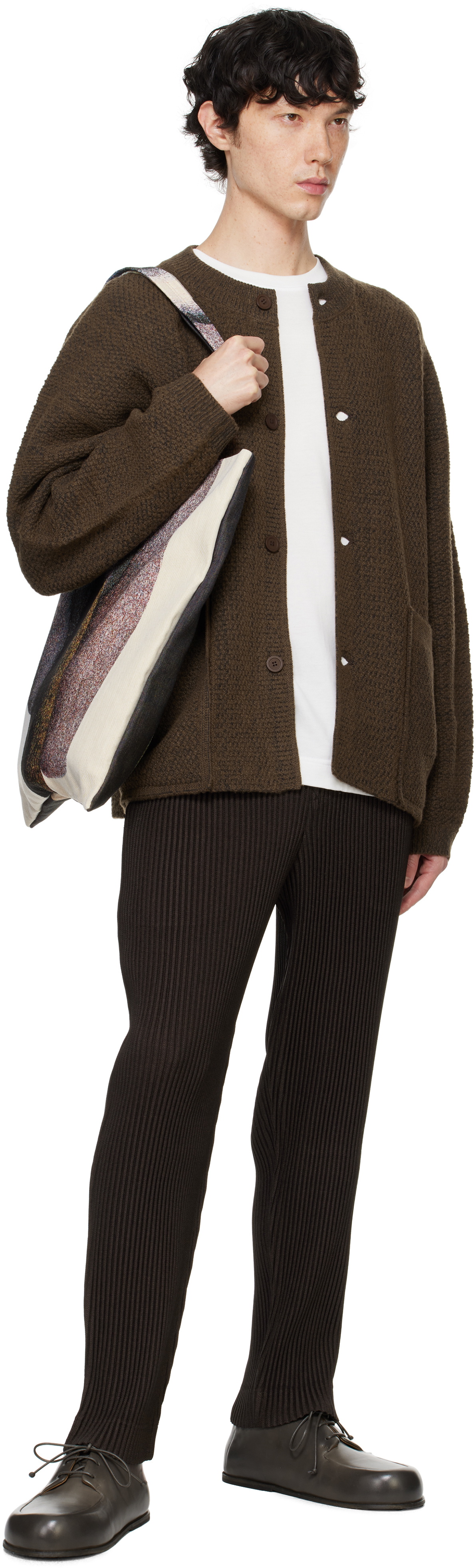 HOMME PLISSÉ ISSEY MIYAKE Brown Rustic Knit Cardigan Homme Plisse