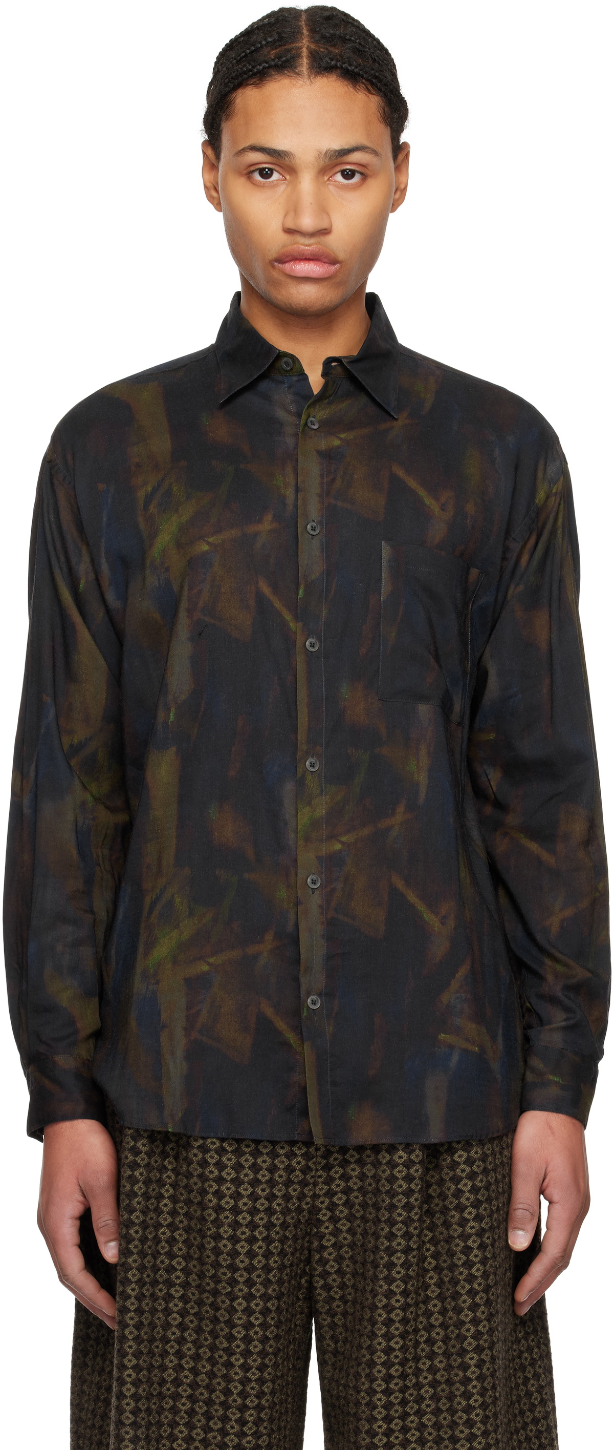 YOKE Navy Twill Patterned Regular Collar Shirt