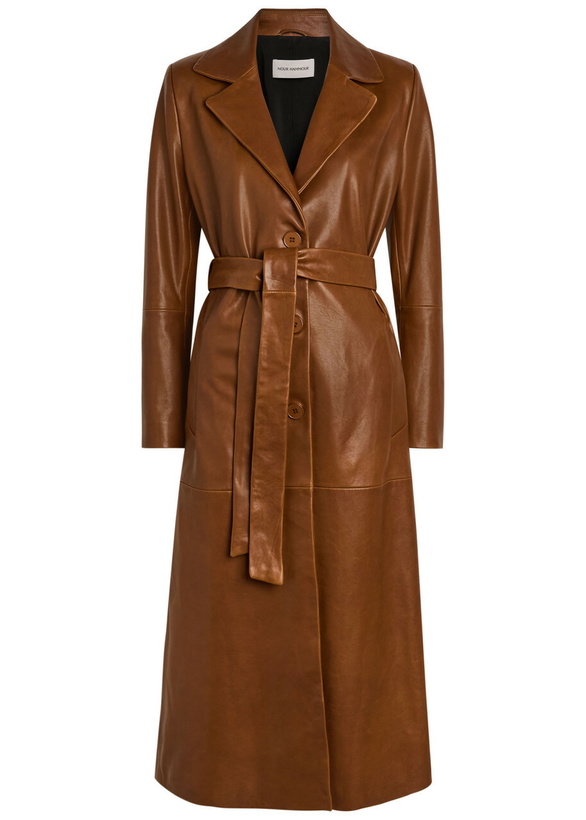 Photo: Nour Hammour Scarlett Belted Leather Trench Coat Brown