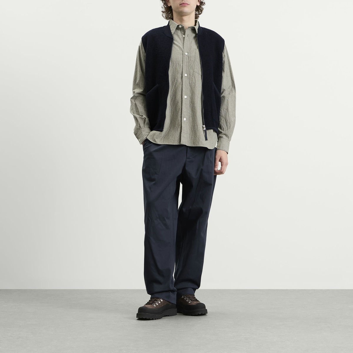 Universal Works Men's Wool Fleece Zip Waistcoat in Navy