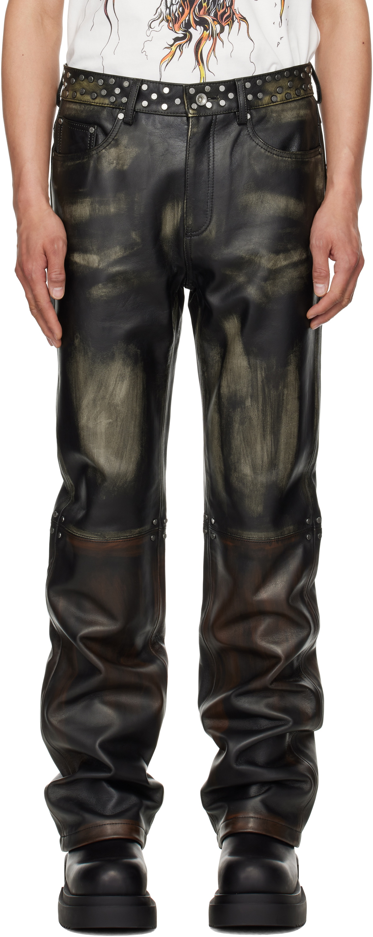 Who Decides War Black Ombre Studded Leather Pants