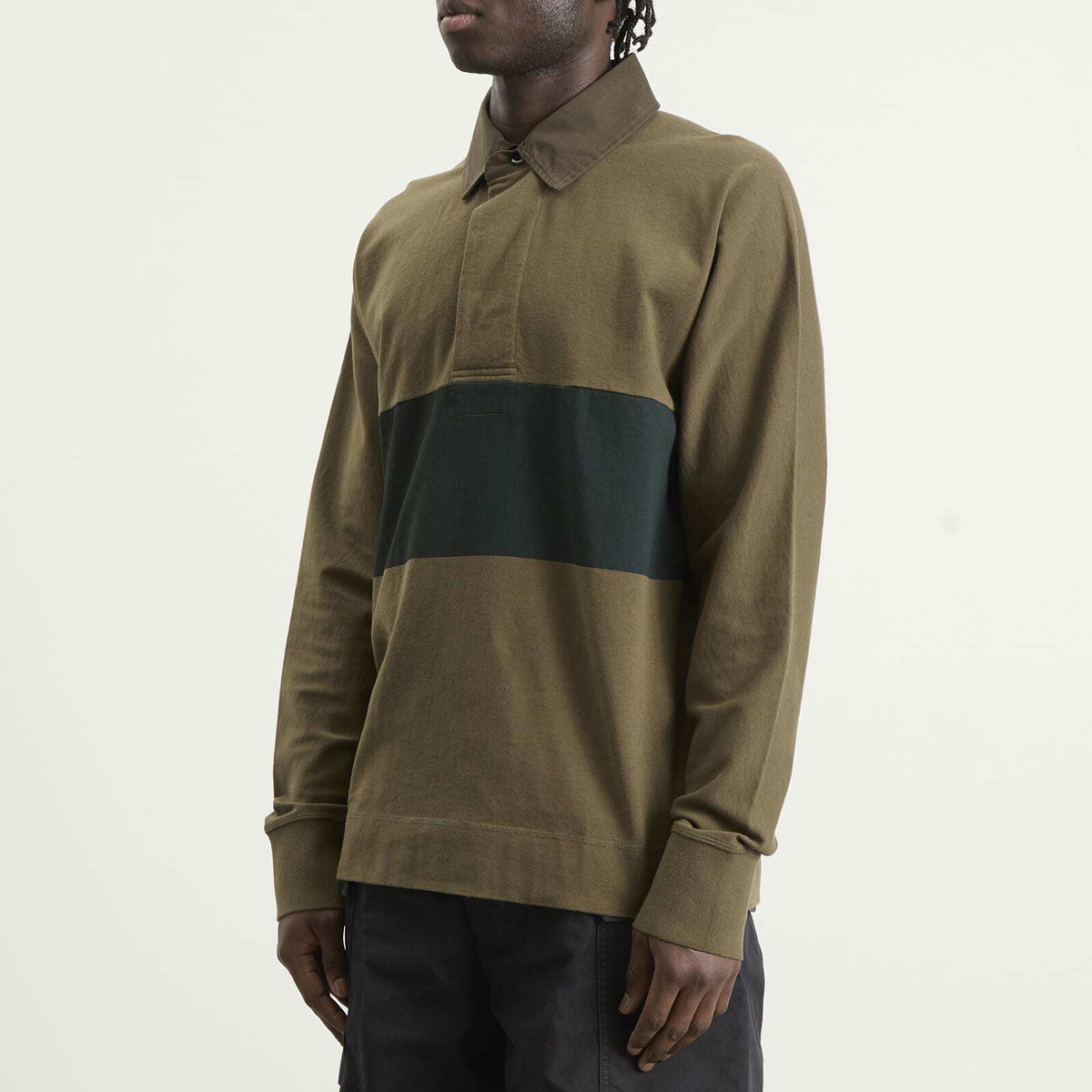 MHL by Margaret Howell Men's Rugby Shirt in Khaki Green/Black Green