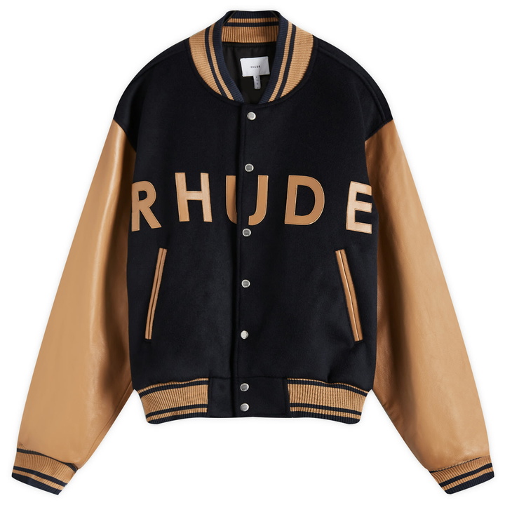 Photo: Rhude Men's Logo Varsity Jacket in Navy/Camel