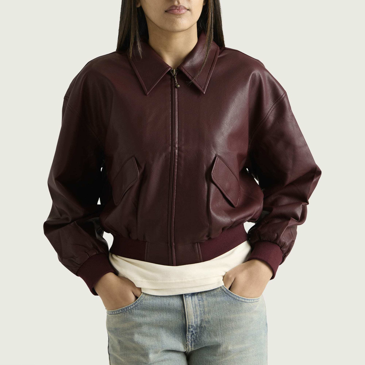 Good American Women's Leather Cropped Bomber Jacket in Berry Noir