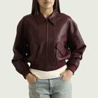 Good American Women's Leather Cropped Bomber Jacket in Berry Noir