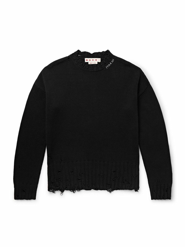 Photo: Marni - Distressed Logo-Embroidered Cotton Sweater - Black