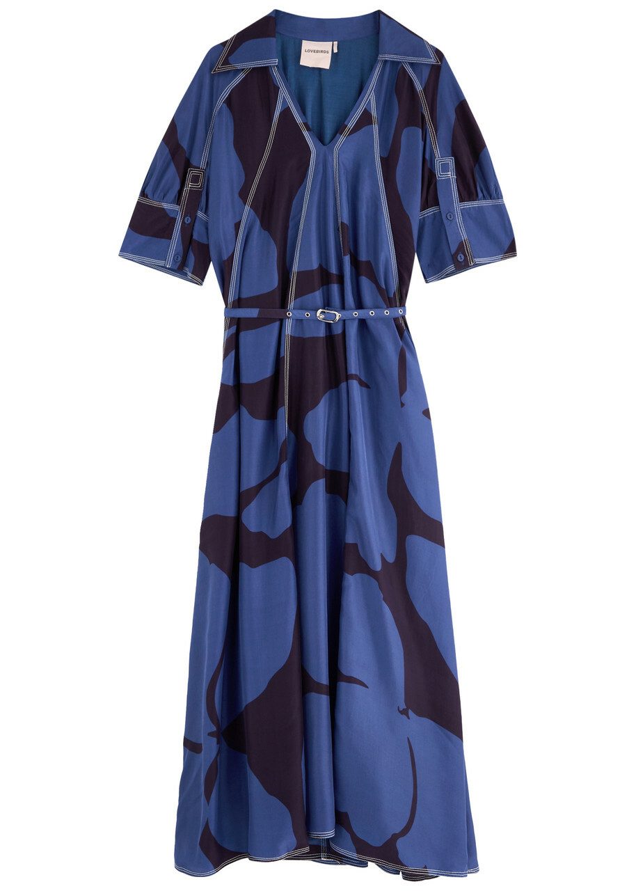 Lovebirds Printed Belted Silk Midi Dress Navy