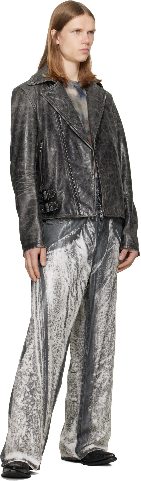 Diesel Gray Treated Leather Biker Jacket