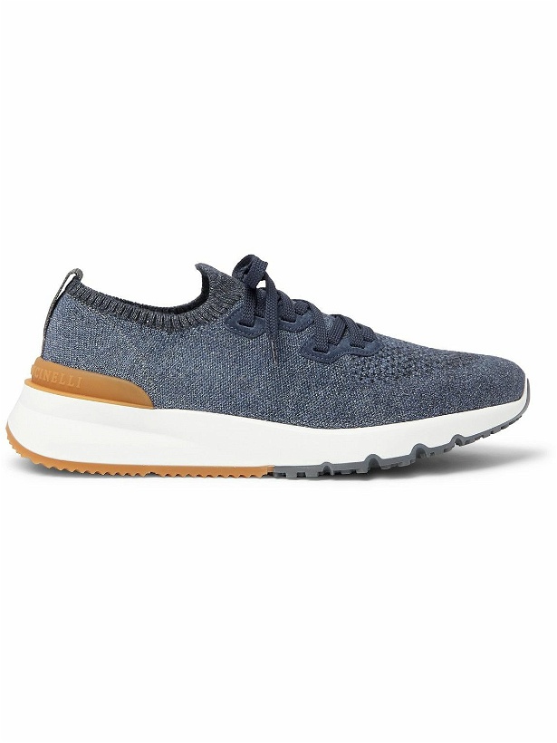 Photo: Brunello Cucinelli - Suede-Trimmed Stretch-Knit Sneakers - Blue