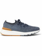 Brunello Cucinelli - Suede-Trimmed Stretch-Knit Sneakers - Blue