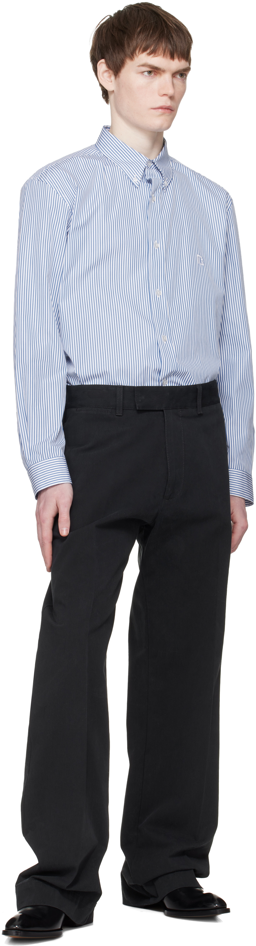 BALMAIN Blue & White Embroidered Pinstripe Popeline Regular Shirt