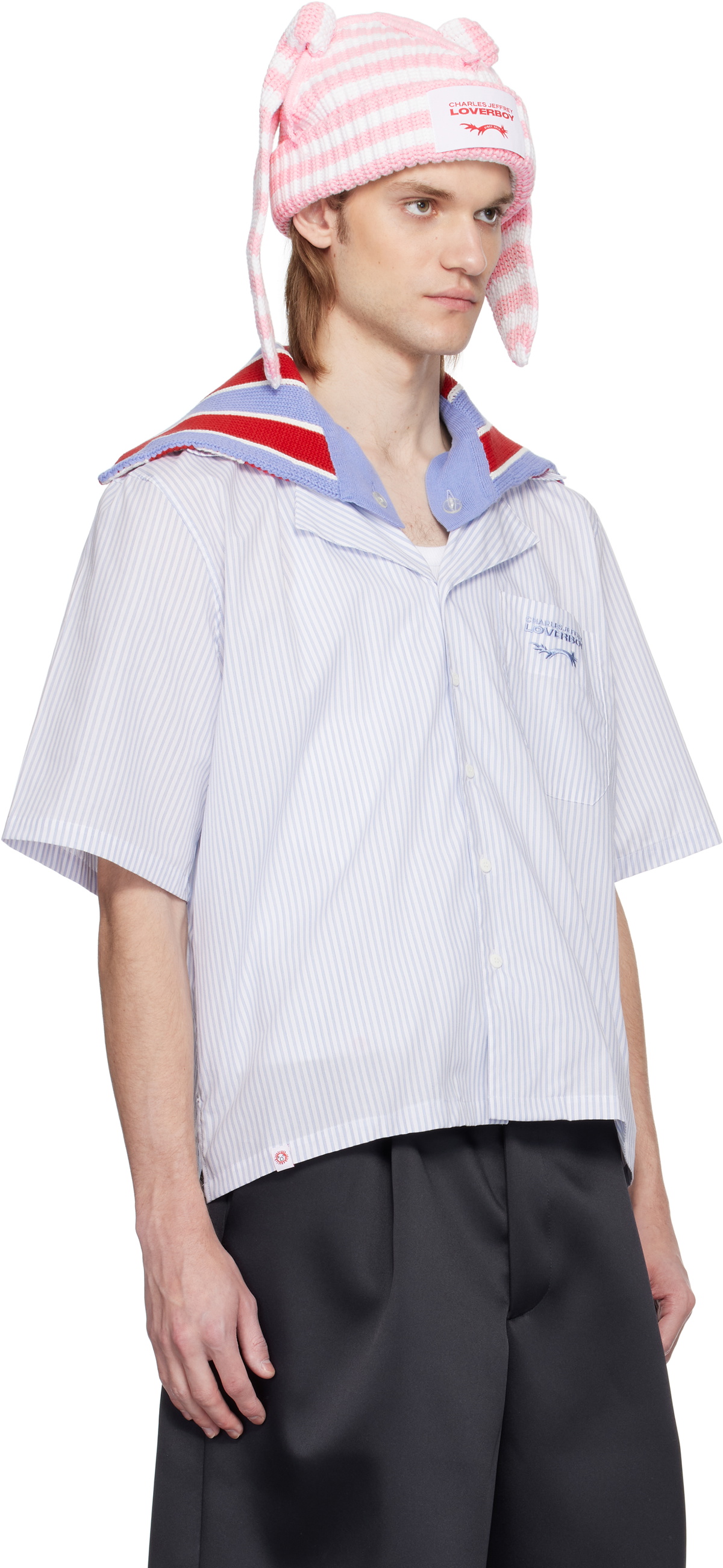 Charles Jeffrey LOVERBOY White & Blue Knit Collar Shirt Charles