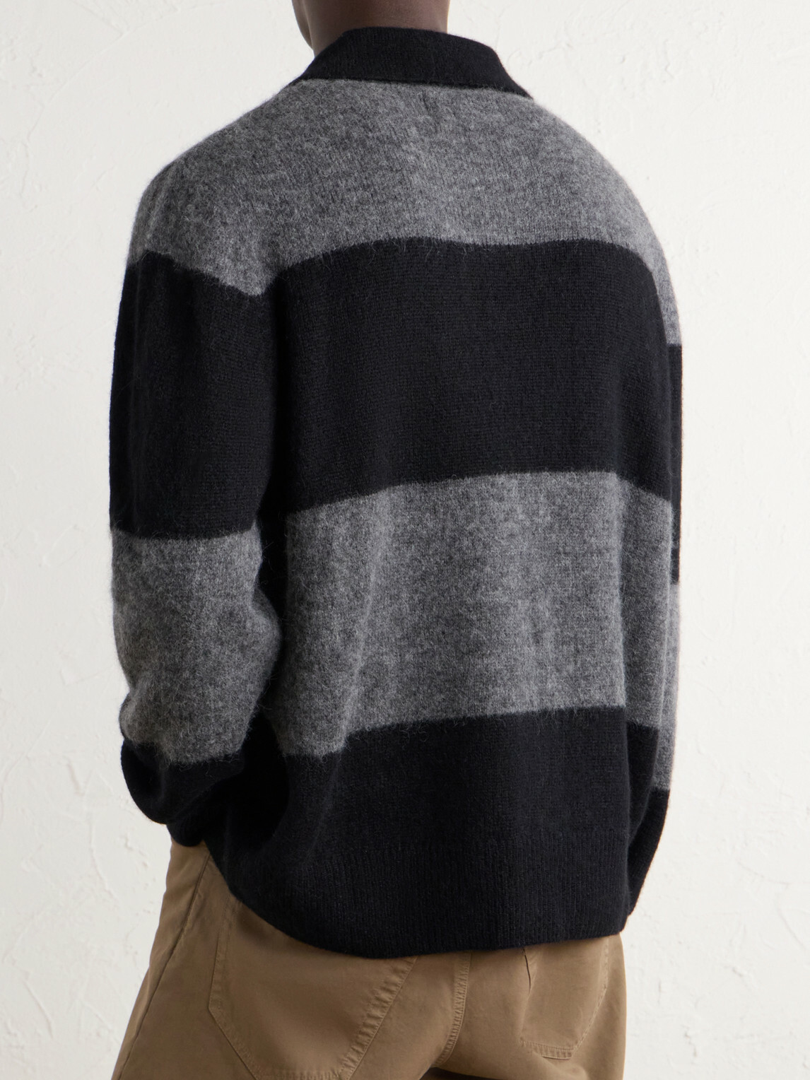 Corridor - Striped Woven Brushed Alpaca-Blend Polo Sweater - Black