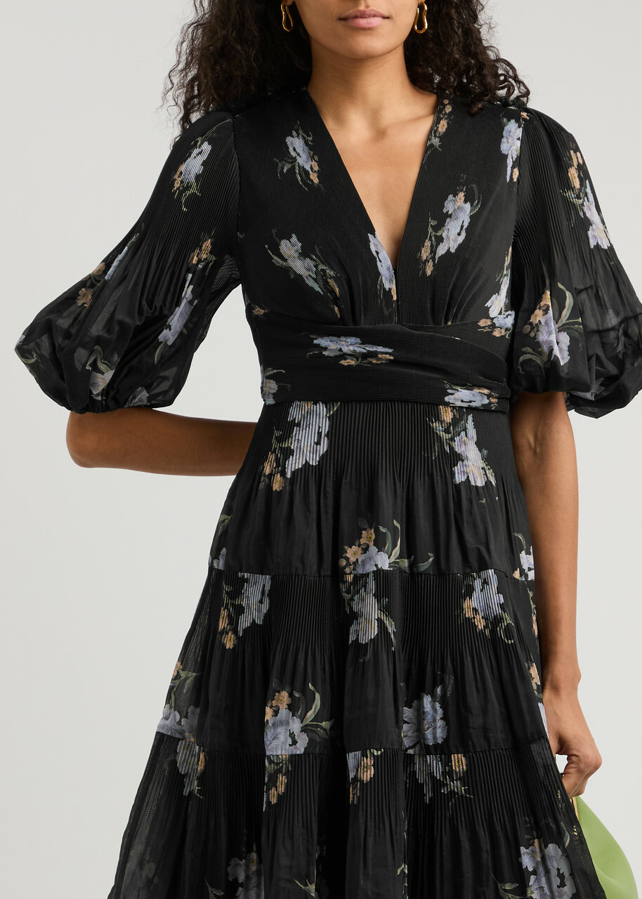 strapless open back dress Prim Pleated Midi Dress - Black Floral Print