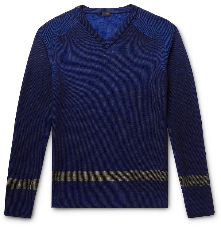Photo: Incotex - Urban Traveller Slim-Fit Striped Ribbed Cotton-Blend Sweater - Blue