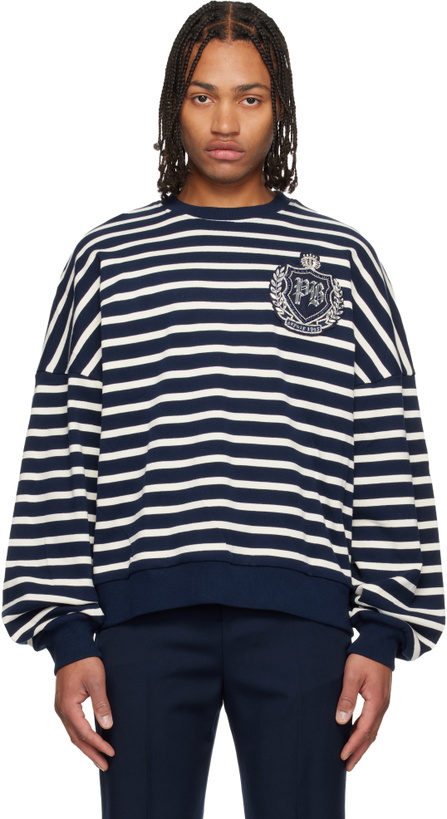 Photo: Balmain Navy & White Cotton College Emblem Breton Stripes Sweatshirt