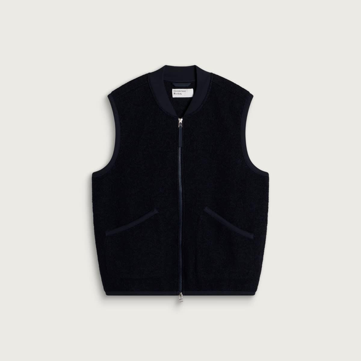 Universal Works Men's Wool Fleece Zip Waistcoat in Navy