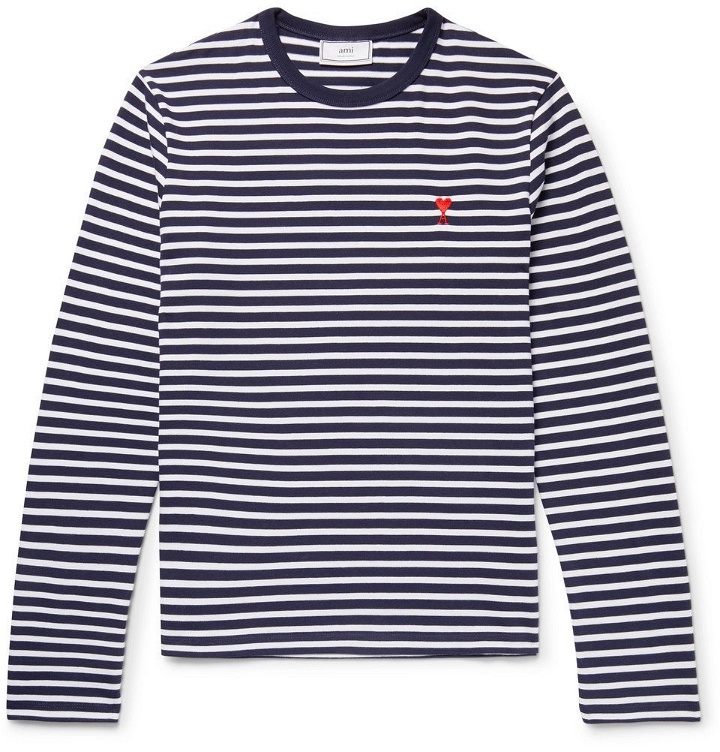 Photo: AMI - Embroidered Striped Cotton T-Shirt - Men - Navy