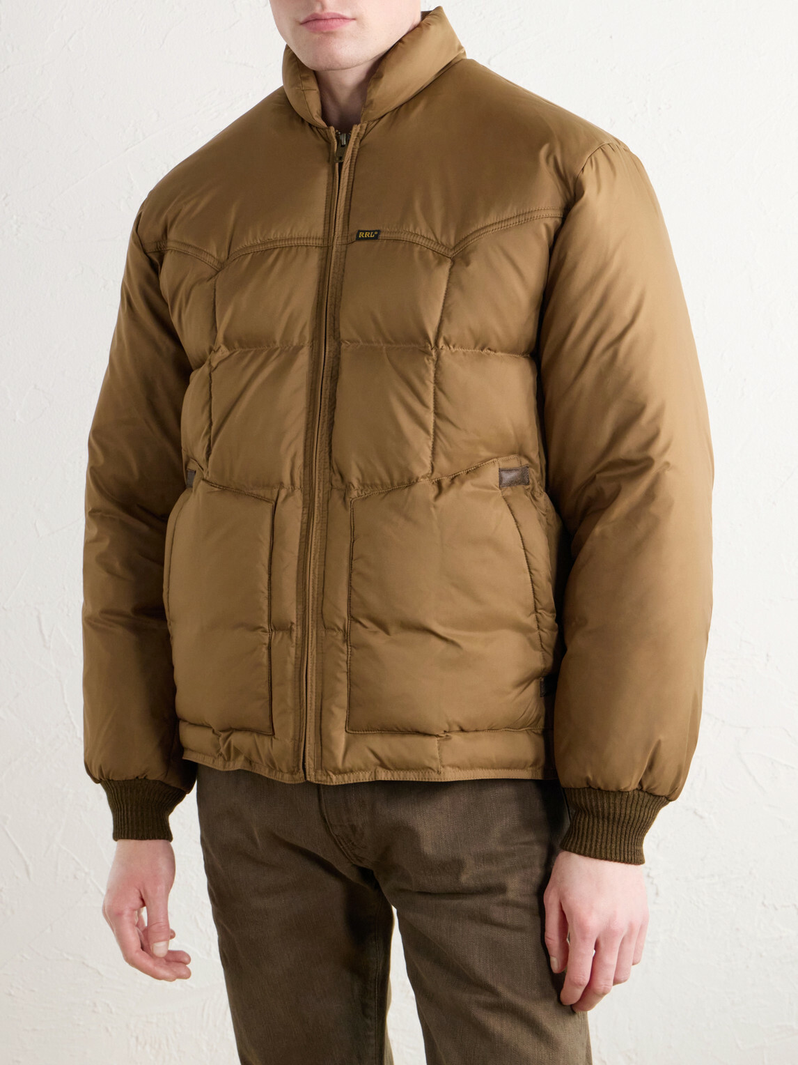RRL - Leather-Trimmed Quilted Shell Padded Bomber Jacket - Brown