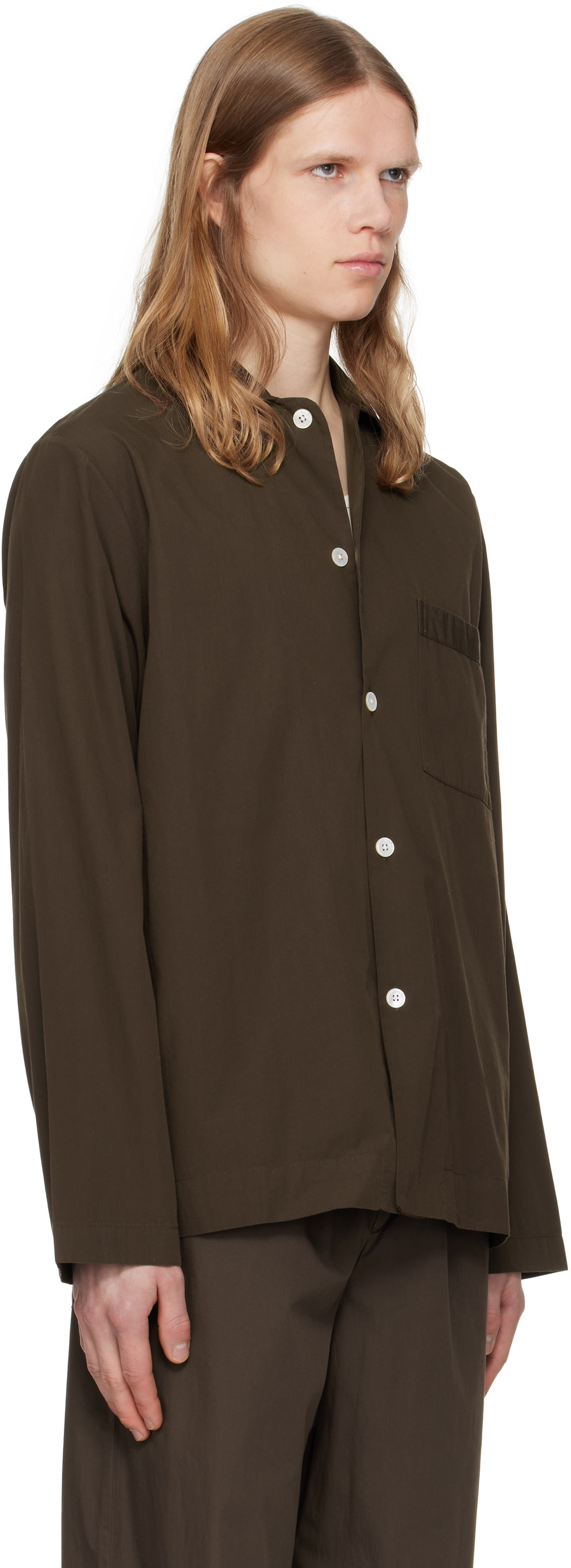 Tekla Brown Poplin Long-Sleeved Pyjama Shirt