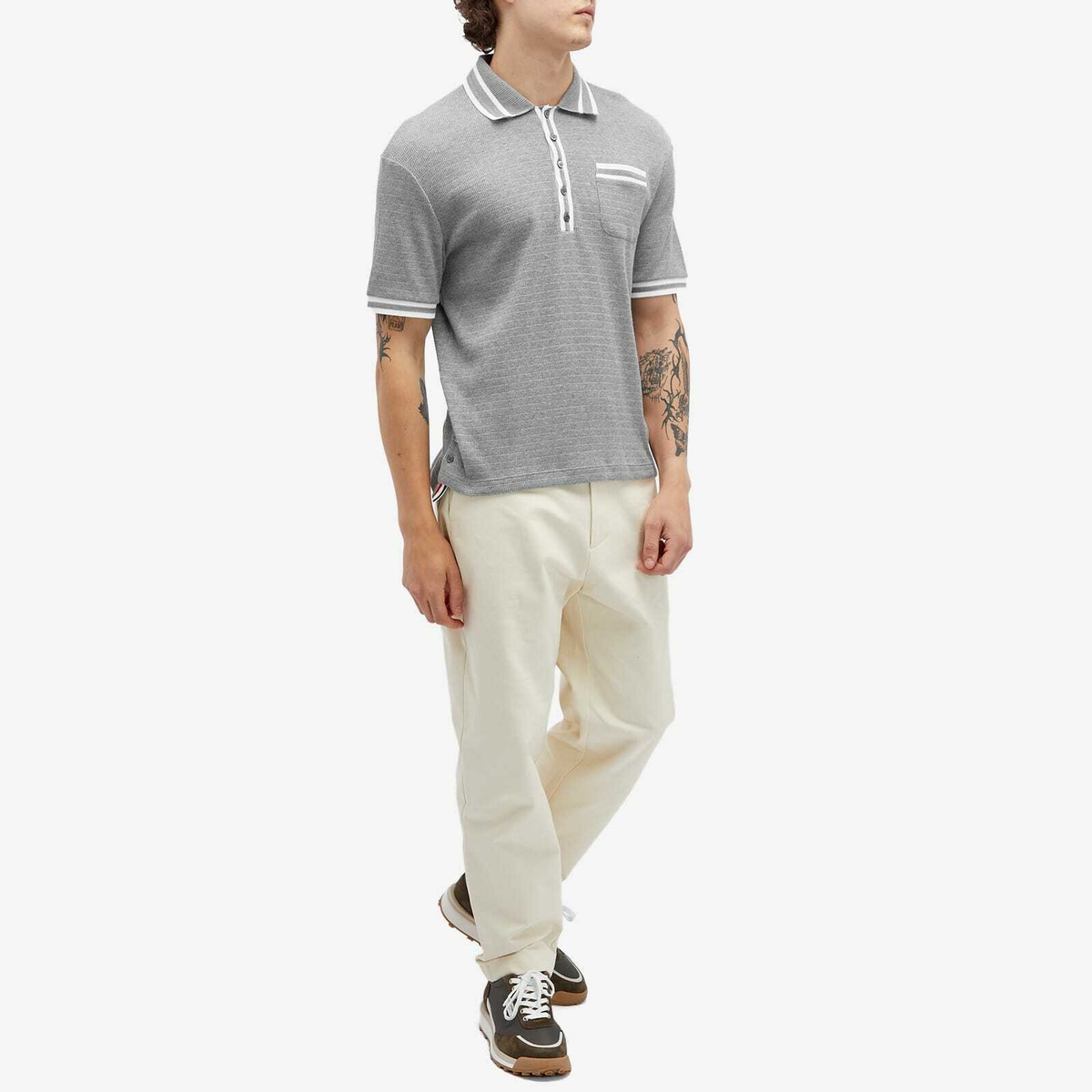 Thom Browne Men's Textured Tipped Polo in Light Grey