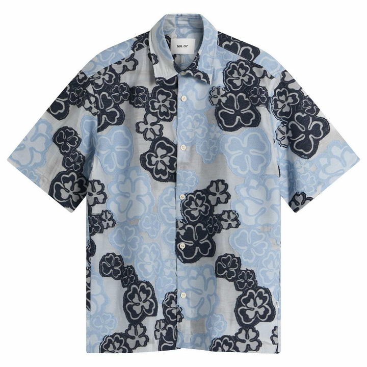 Photo: NN07 Men's Freddy Embroidered Short Sleeve Shirt in Blue Multi