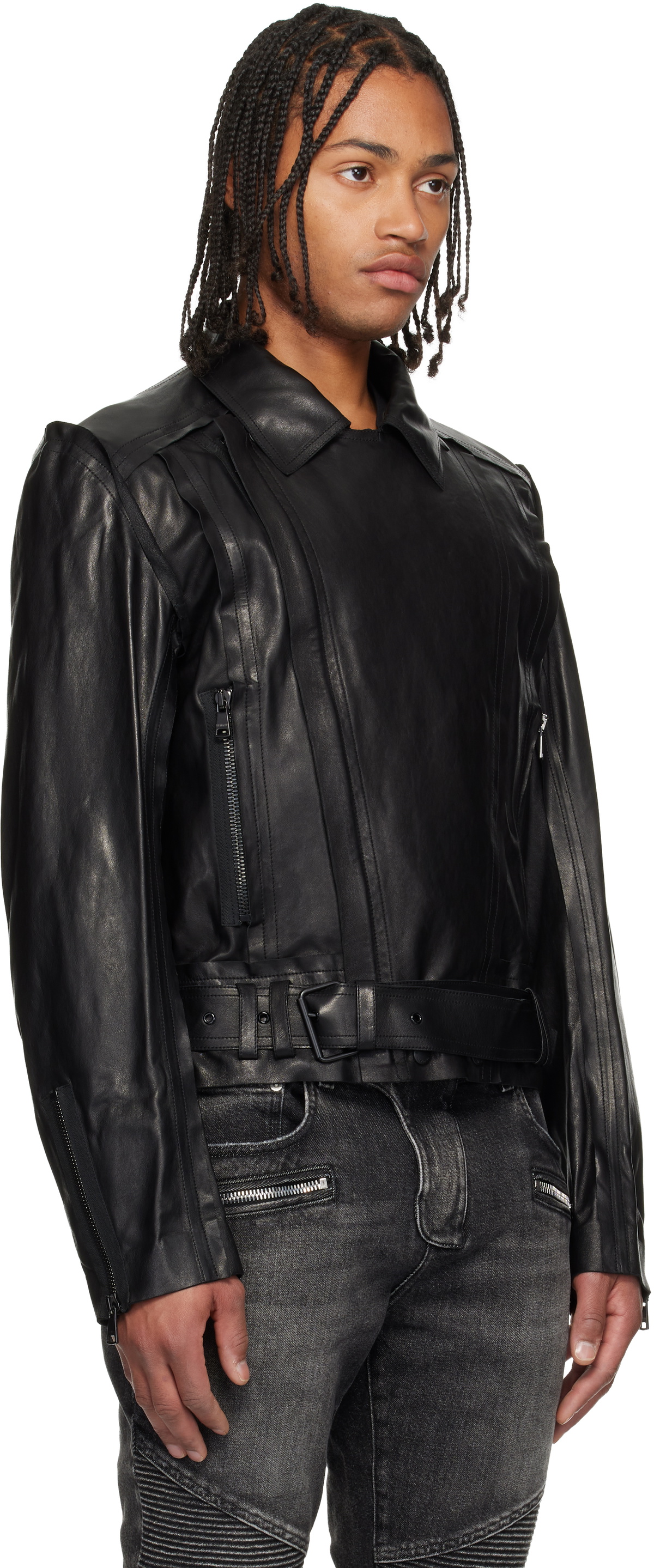Balmain Black Lightweight Lambskin Leather Biker Jacket