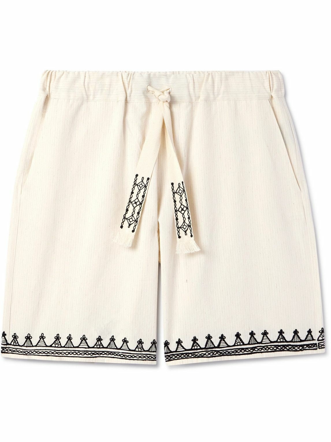 Photo: Alanui - Akasha Wide-Leg Embroidered Pinstriped Cotton-Blend Drawstring Shorts - Neutrals