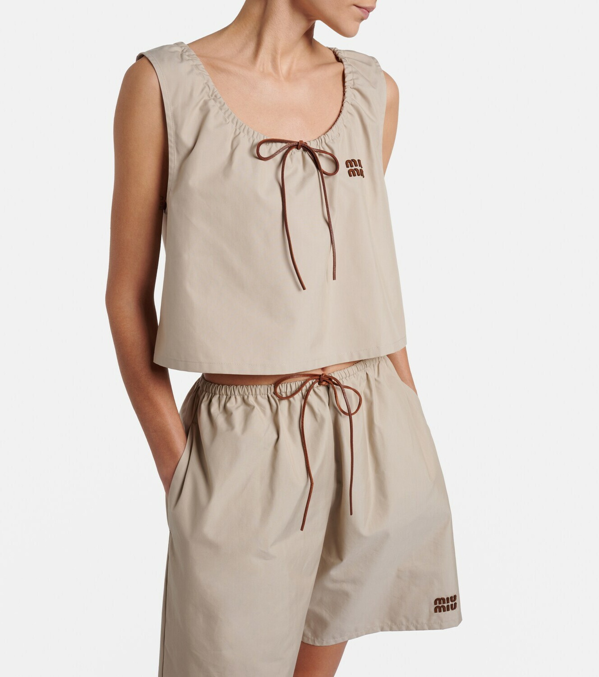 Miu Miu Leather-trimmed cotton-blend crop top