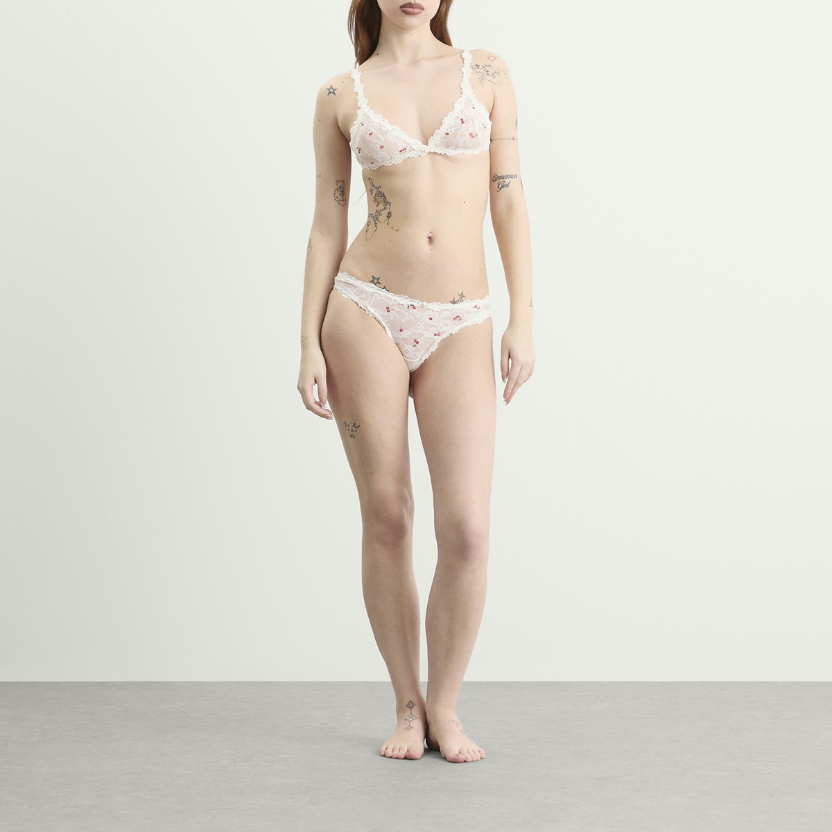 SKIMS Women's Stretch Lace Dipped Thong in Ivory Cherry Print