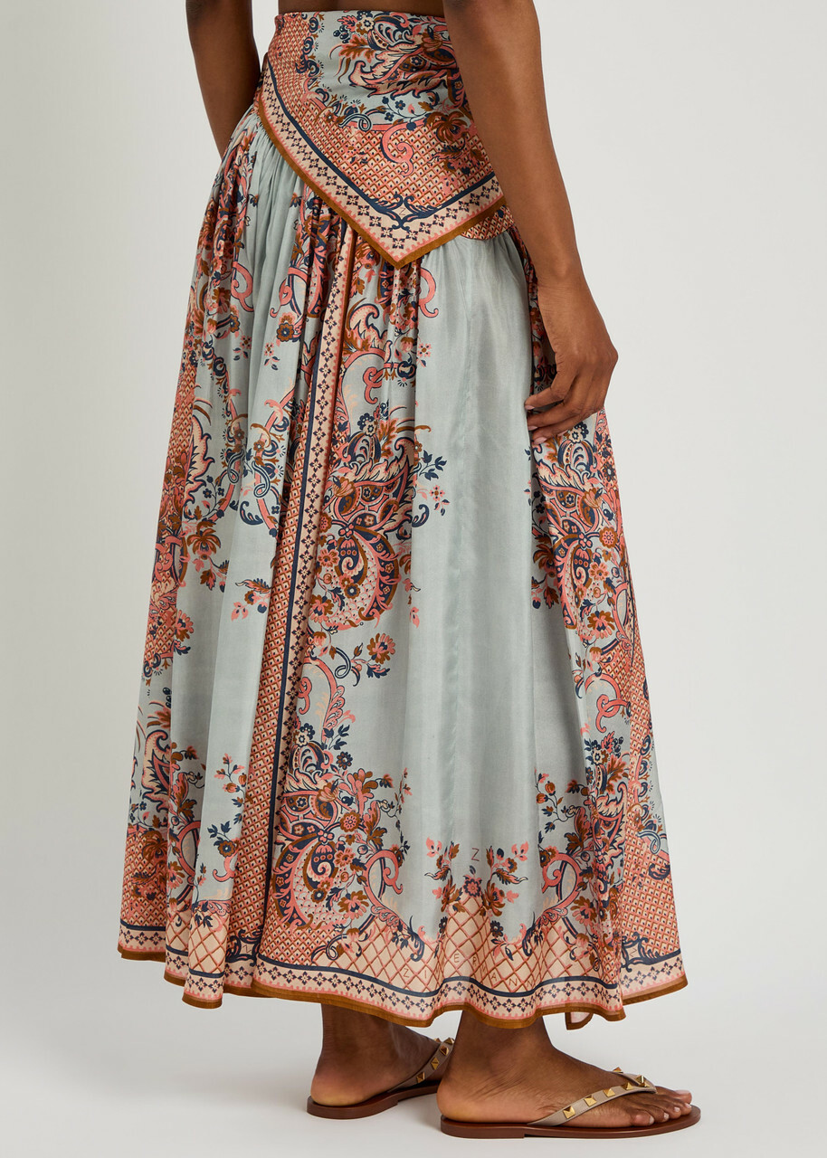 Zimmermann Aster Scarf Printed Silk Midi Skirt Blue
