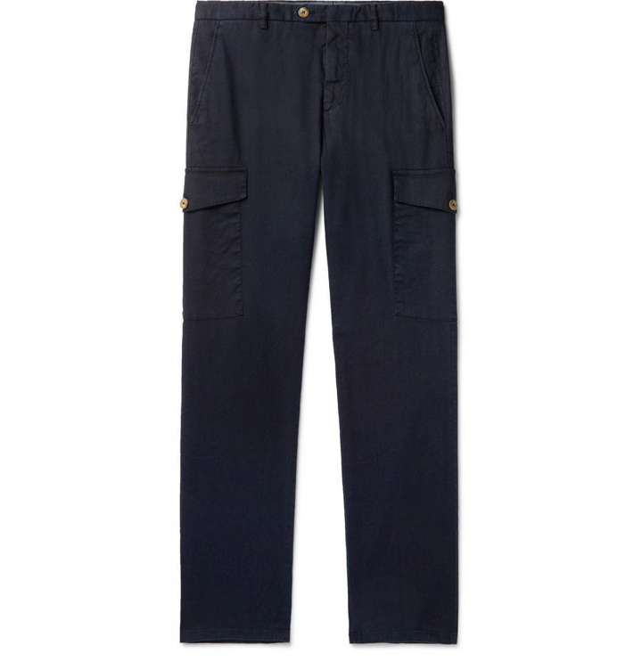 Photo: Thom Sweeney - Navy Slim-Fit Stretch Linen and Cotton-Blend Cargo Trousers - Navy