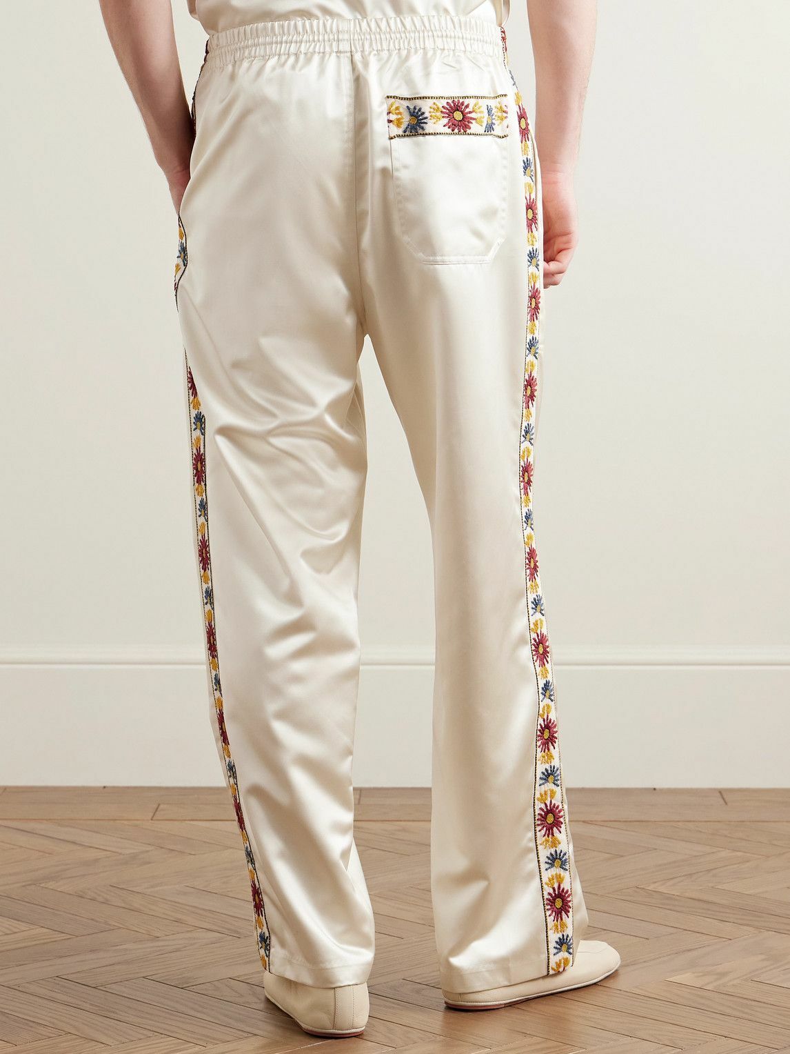 BODE - Candyfloss Straight-Leg Embroidered Voile-Trimmed Satin Track Pants - Neutrals