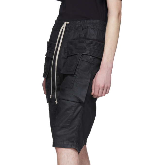 Rick Owens Drkshdw Black Denim Wax Creatch Cargo Pods Shorts