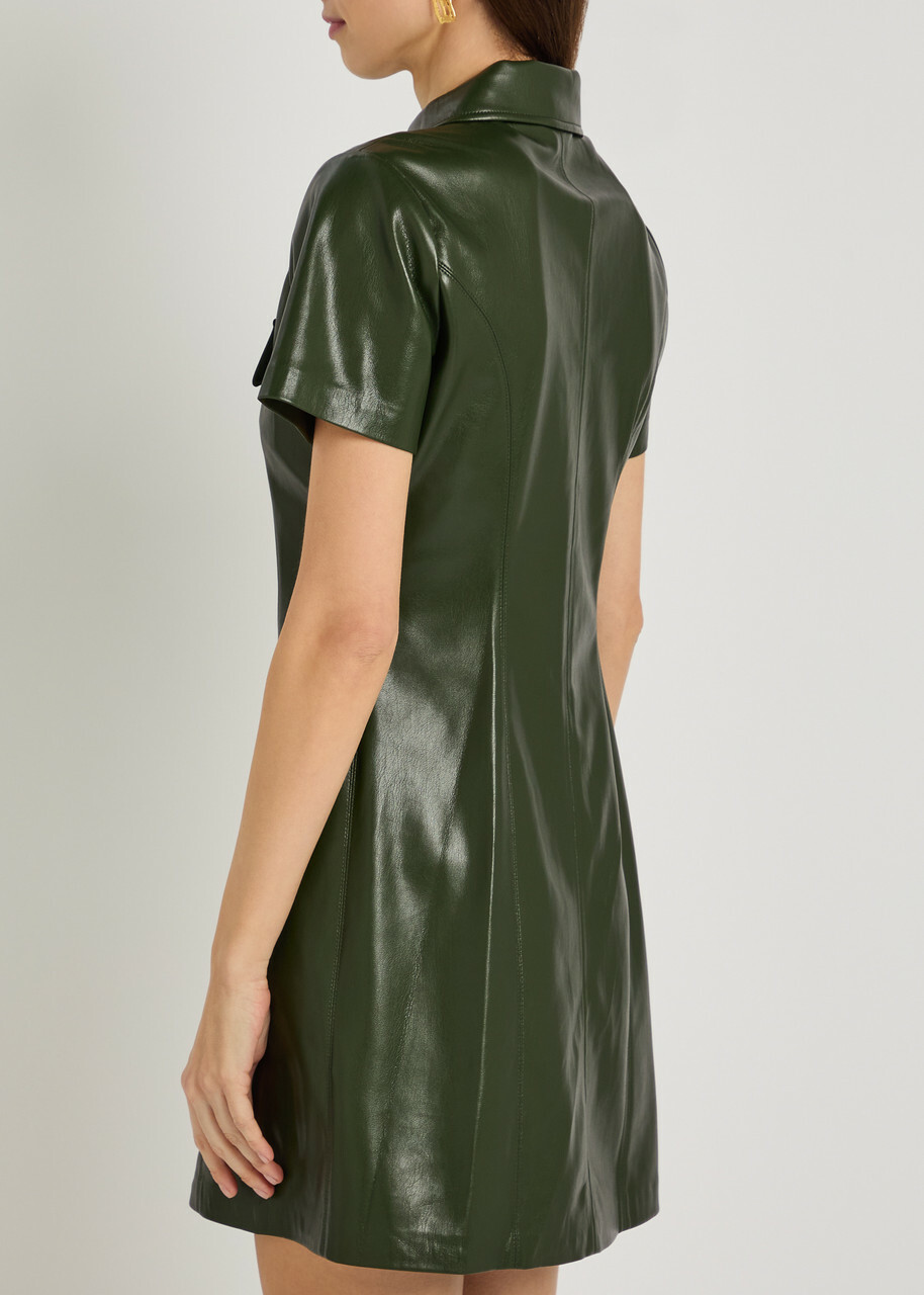 Alice + Olivia Jamie Faux Leather Mini Shirt Dress Dark Green