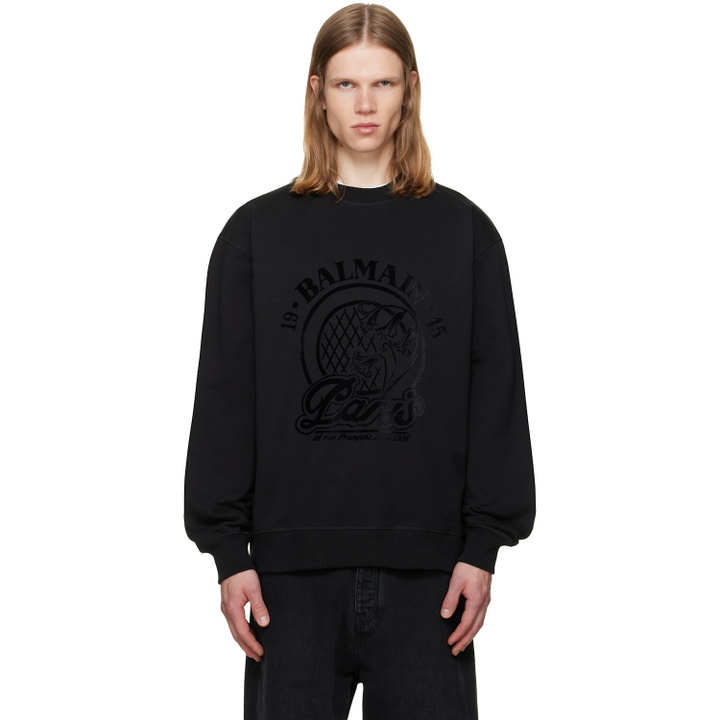 Photo: BALMAIN Black 'Balmain' Quilted Flock Sweatshirt