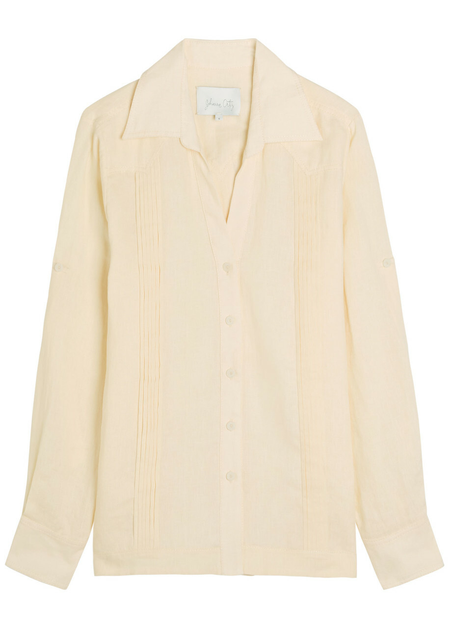 Johanna Ortiz Manly Guayabera Pleated Linen Shirt Ecru