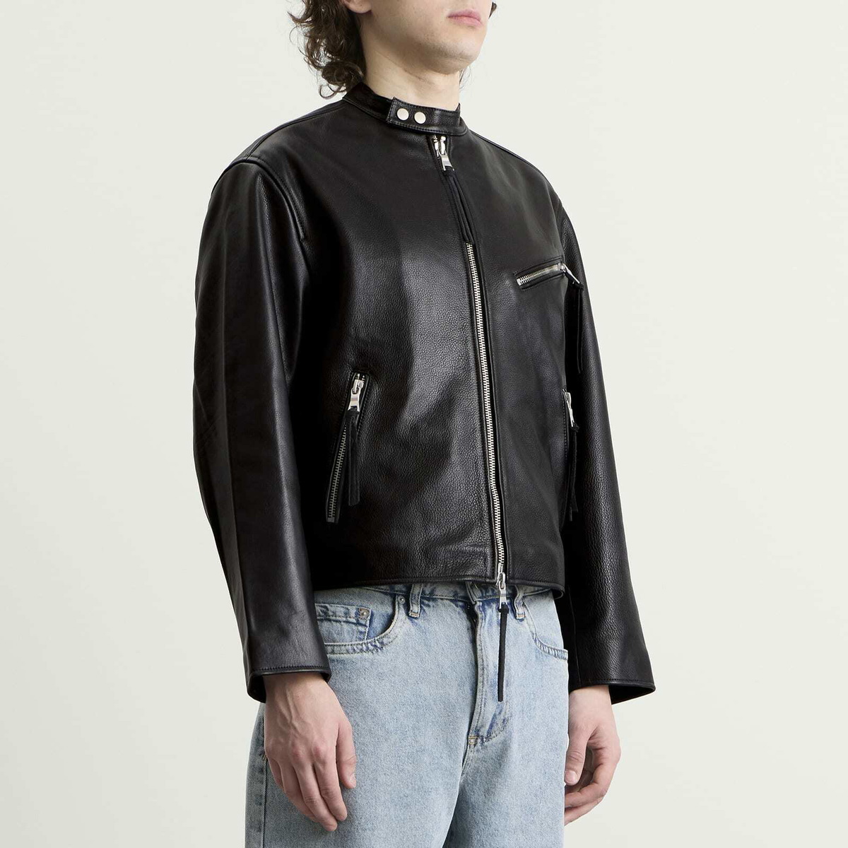 MKI Men's Cropped Leather Racer Jacket in Black