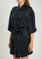 Anine Bing Geri Belted Woven Mini Shirt Dress Black