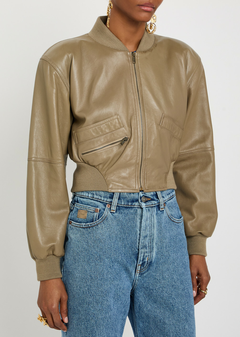 Chloe Sculpted Leather Cropped Bomber Jacket Brown
