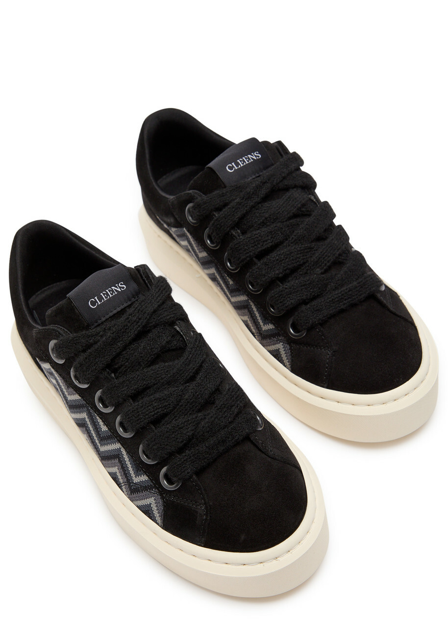 Cleens Ace Chevron-knit Suede Sneakers Black