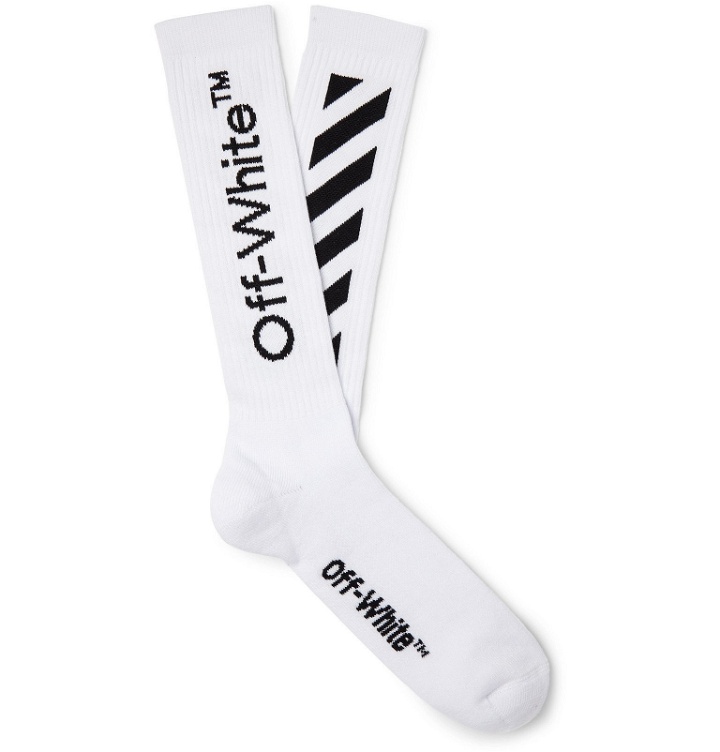 Photo: Off-White - Ribbed Logo-Intarsia Stretch Cotton-Blend Socks - White
