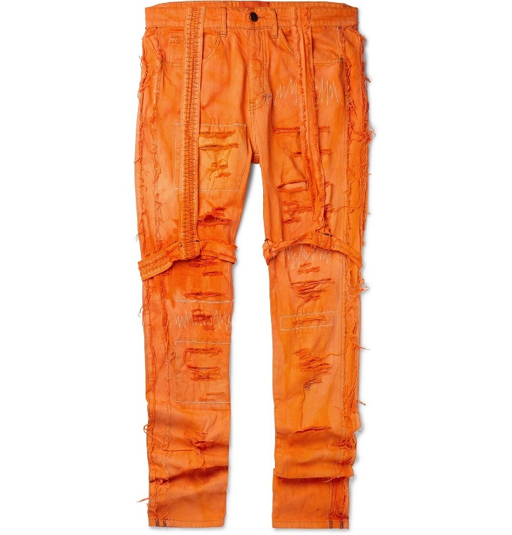 Photo: WHO DECIDES WAR by Ev Bravado - Skinny-Fit Strap-Detailed Distressed Denim Jeans - Orange
