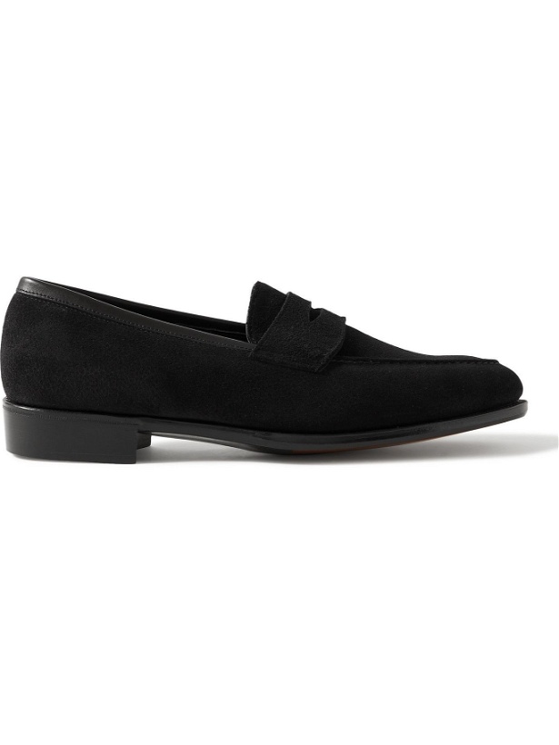 Photo: GEORGE CLEVERLEY - Bradley III Leather-Trimmed Pebble-Grain Suede Penny Loafers - Black